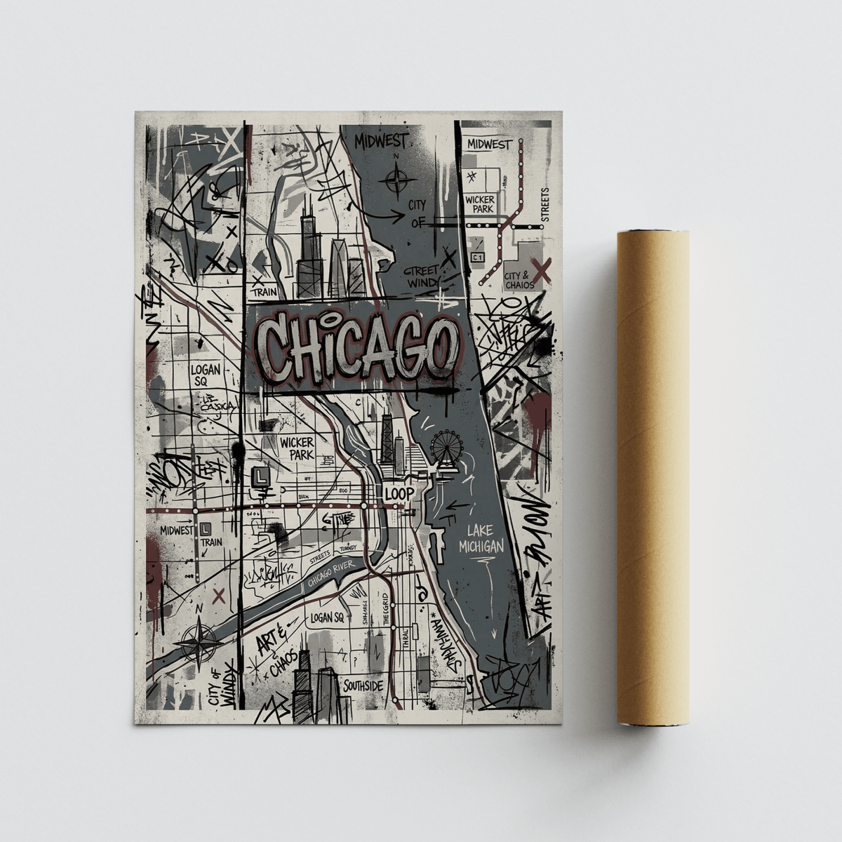 Modern city print highlighting Wicker Park, Logan Sq, and the Loop