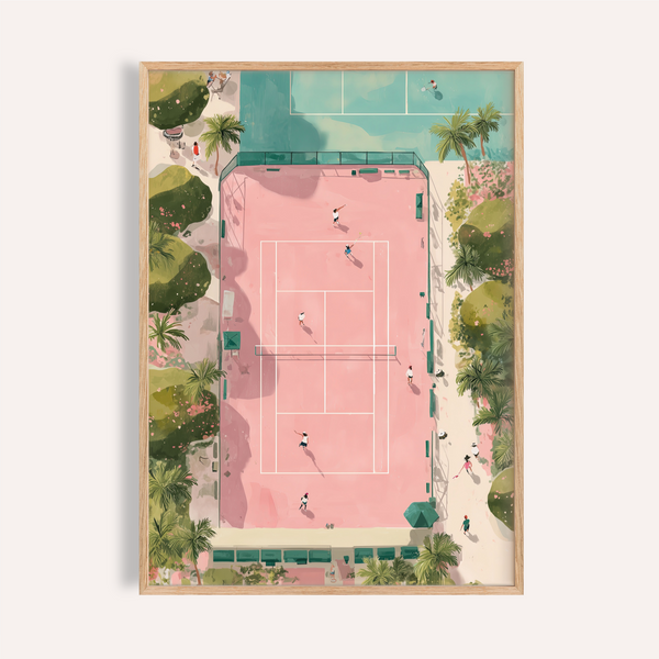 Overhead Tennis Court Art Print poster with players and palm trees