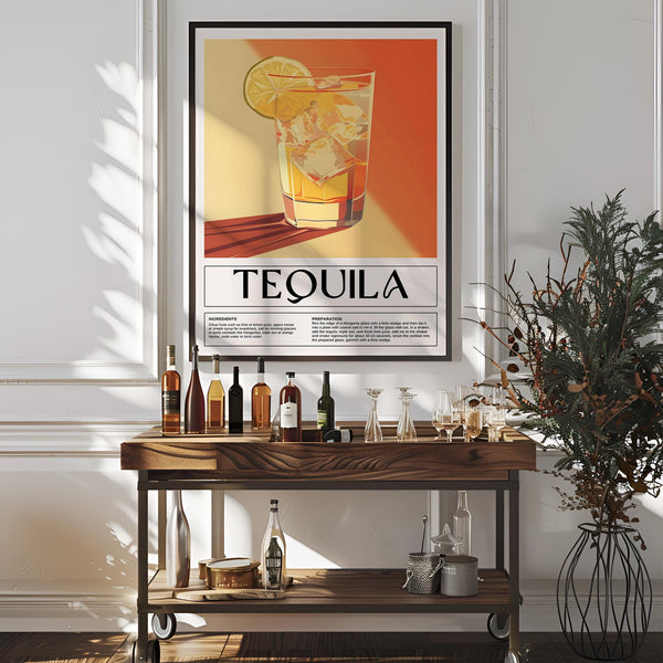 Orange-toned tequila print perfect for home bar wall decor


