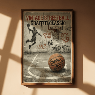 Urban basketball wall art print showing large orange ball over painted floor markings