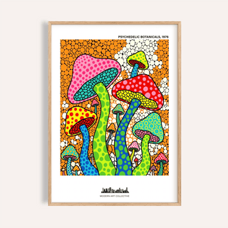 Colorful mushroom poster with dotted caps and bubble-pattern background