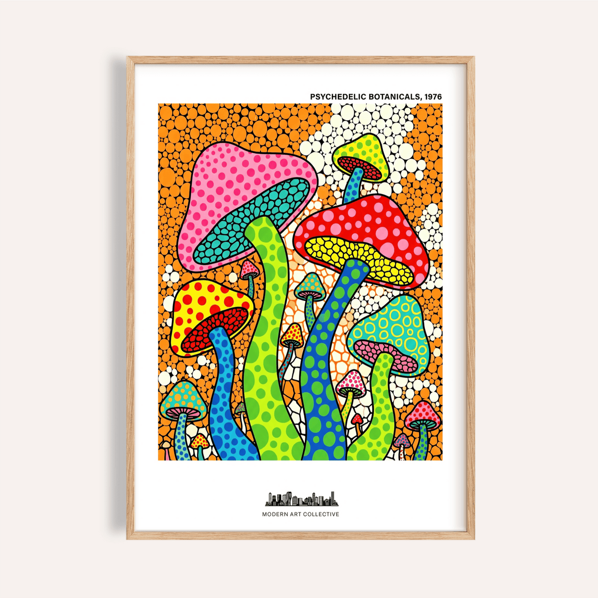 Colorful mushroom poster with dotted caps and bubble-pattern background