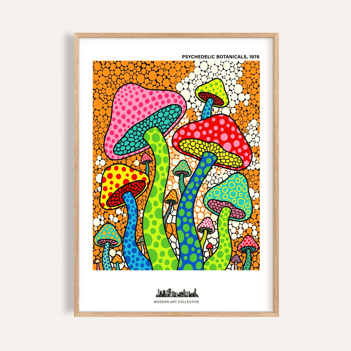 Colorful mushroom poster with dotted caps and bubble-pattern background