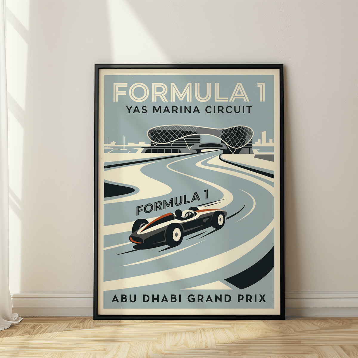 Typography detail poster print reading Formula 1 Yas Marina Circuit in Blue and White