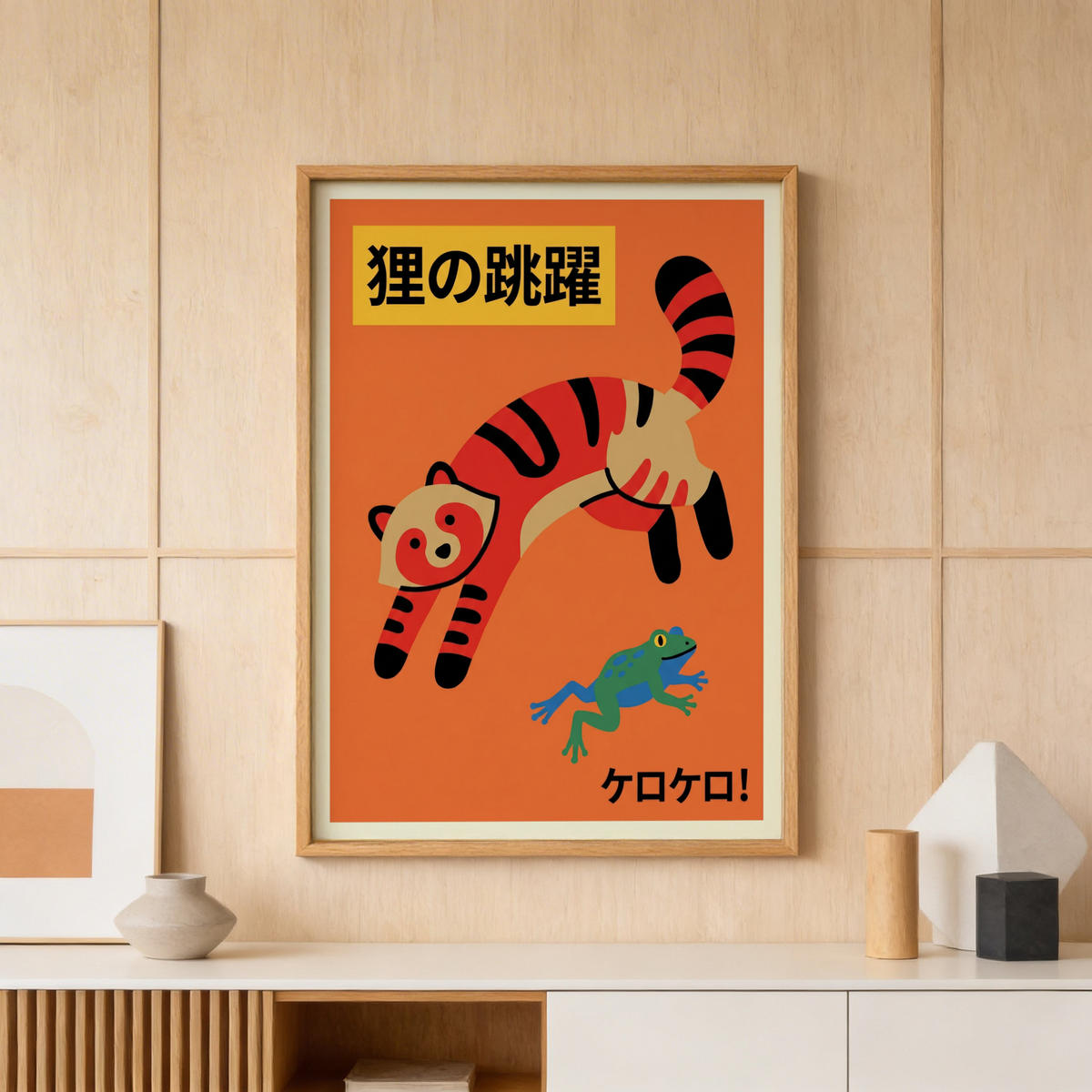 Graphic cat wall art print showing a jumping striped cat and a small frog below