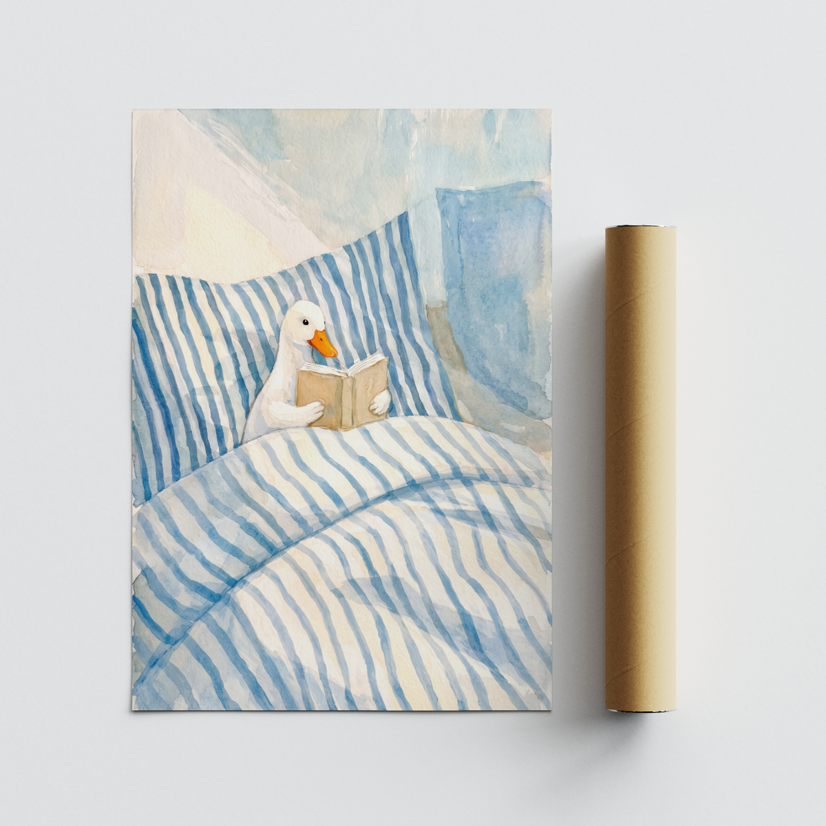 Minimal composition print poster with a duck reading a book, tucked into blankets
