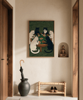 Cat Poker Art Print with Green accents, playful for study room art print