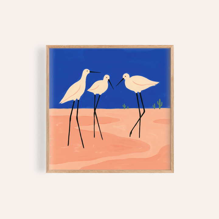 Overview of three wading birds poster on a sandy landscape with open sky