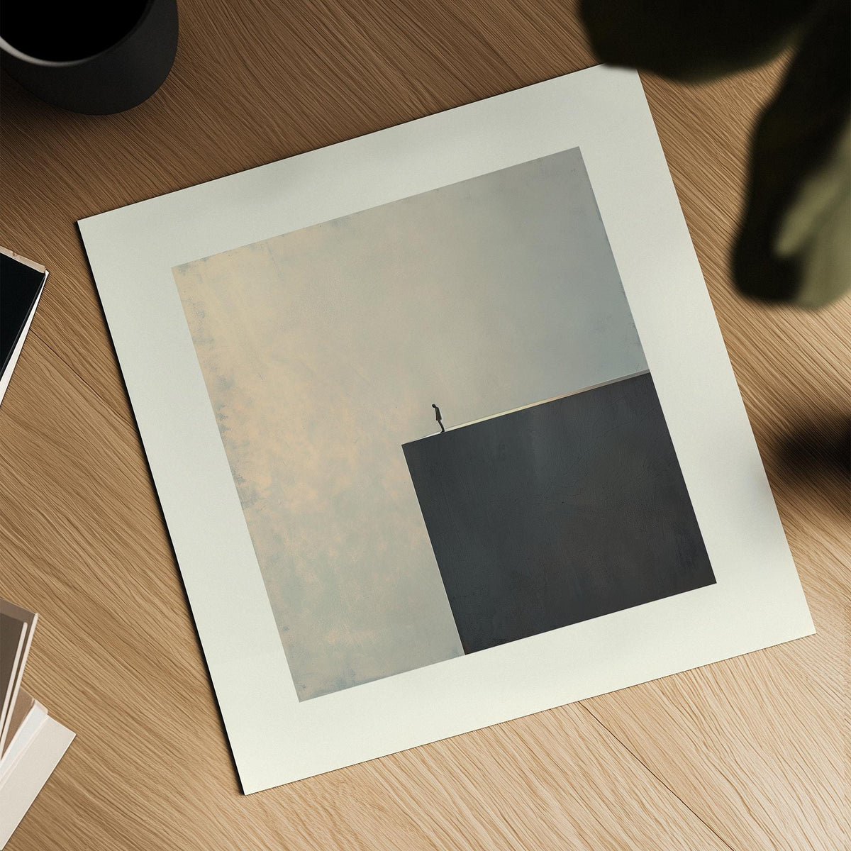 Square surrealist poster with a lone silhouette against a geometric background
