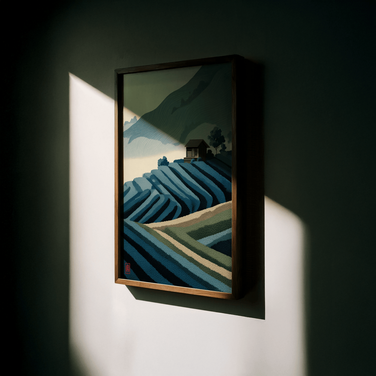 Hillside cabin wall art print overlooking patterned rice terraces and fog