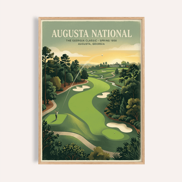 Augusta National Golf Poster wall art showing winding fairway and clubhouse