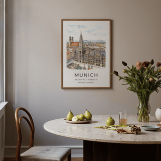 Full Munich City Wall Art print featuring cathedral domes, clock tower, and birds in the sky