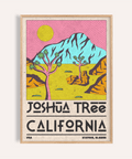 Joshua Tree Art Print showing two stylized trees, sun disk, and mountain backdrop