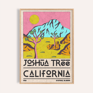 Joshua Tree Art Print showing two stylized trees, sun disk, and mountain backdrop