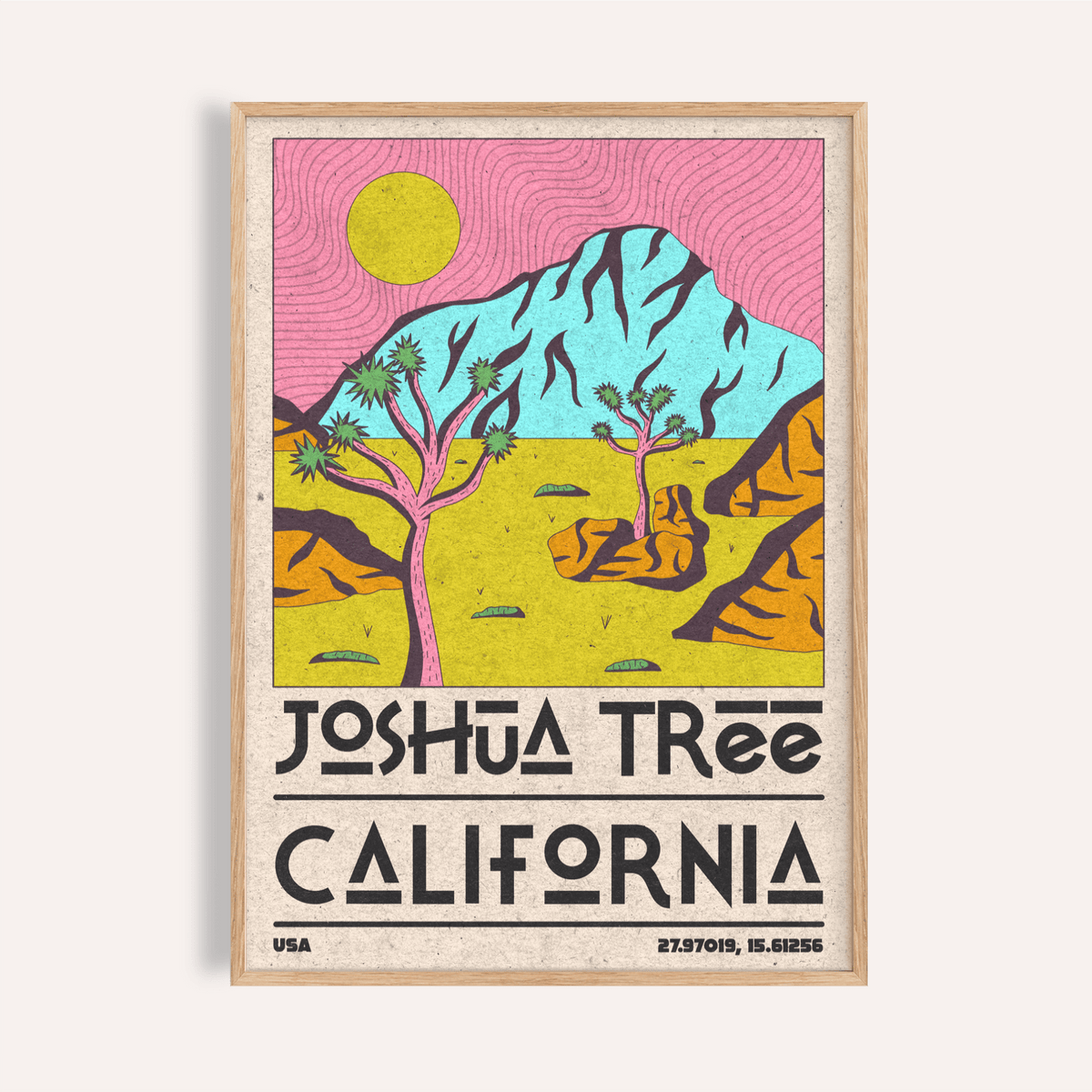 Joshua Tree Art Print showing two stylized trees, sun disk, and mountain backdrop