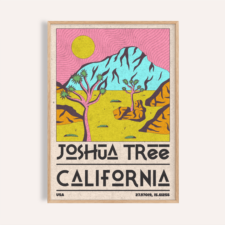 Joshua Tree Art Print showing two stylized trees, sun disk, and mountain backdrop