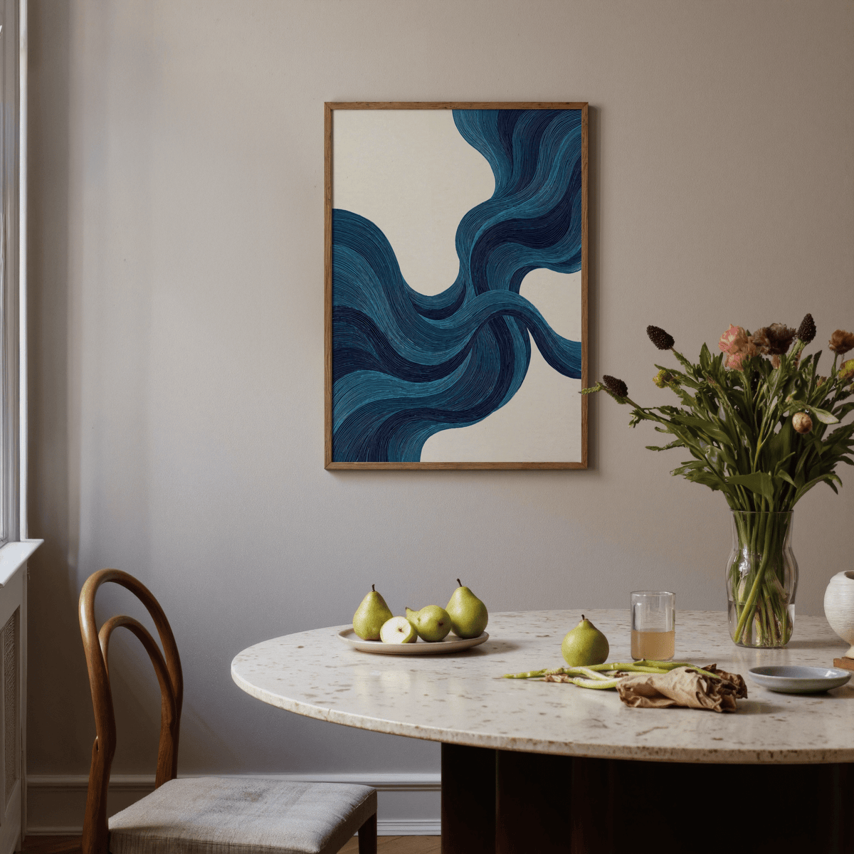 Blue Line Wall Art for hallway, blue and beige abstract poster