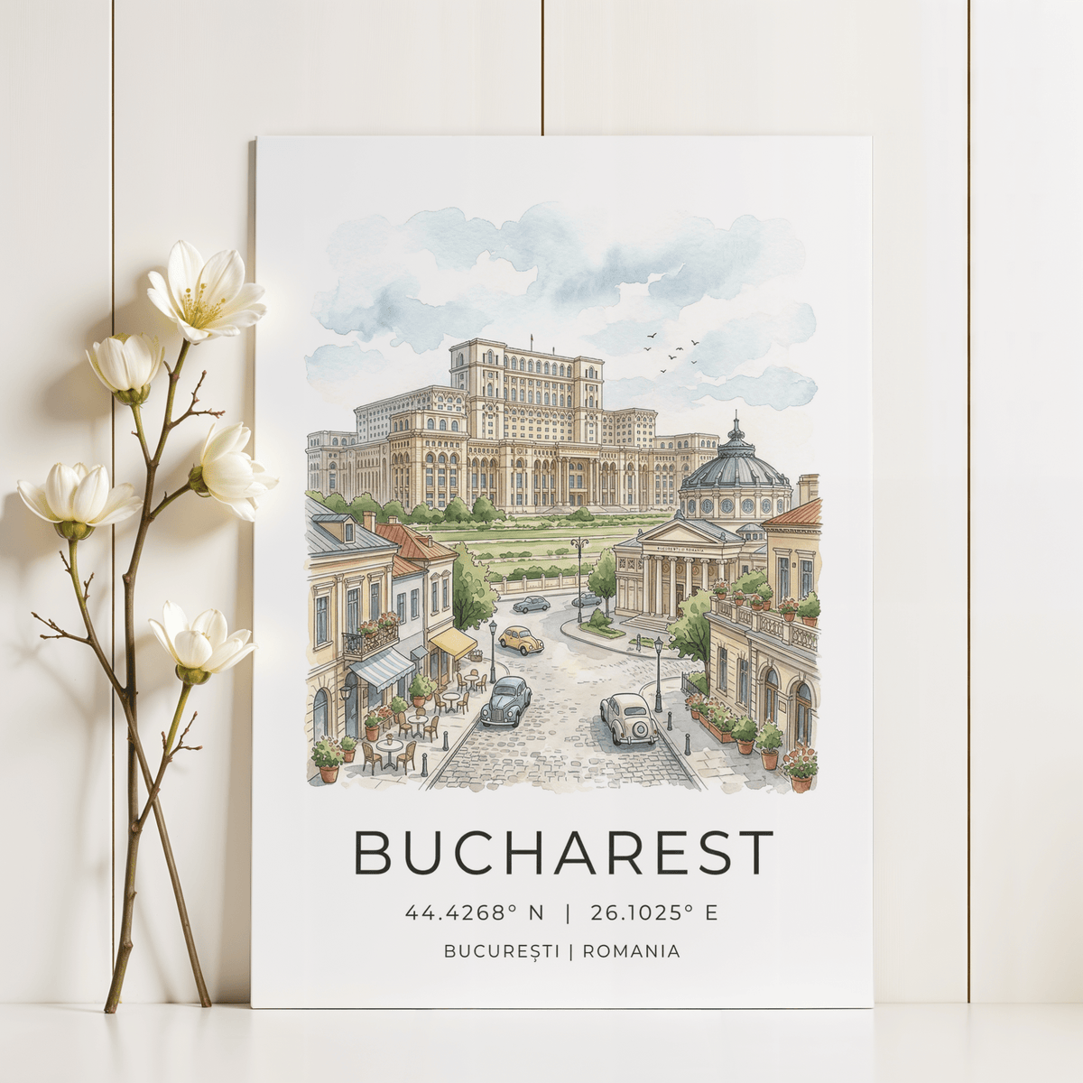 Travel style Bucharest Cityscape Art Print with coordinates text beneath multicolored Romanian skyline