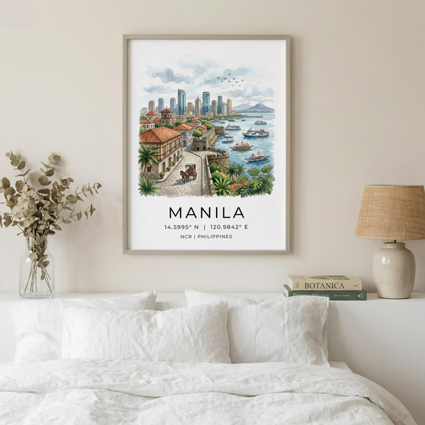 Watercolor-style Manila City Art Print showing bay boats and city skyline