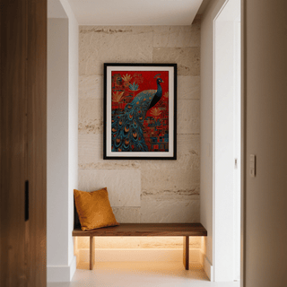 Vertical poster view showing peacock amid textured backdrop