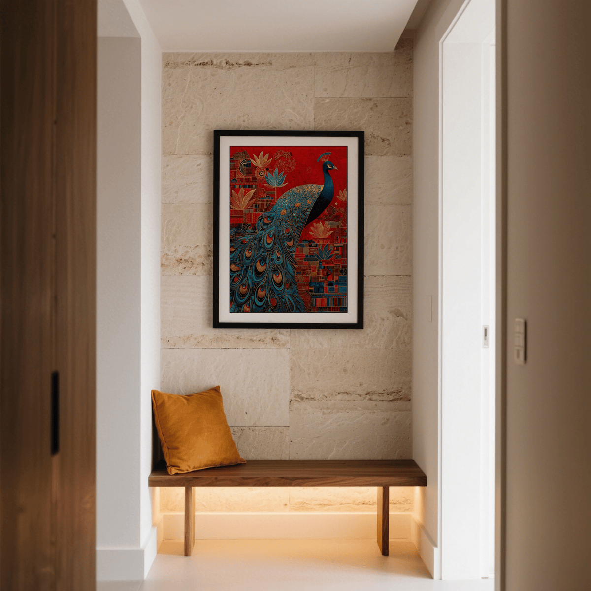 Vertical poster view showing peacock amid textured backdrop