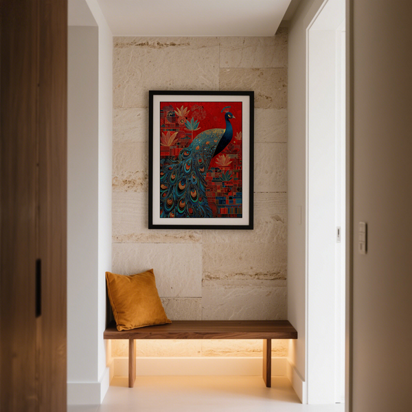 Vertical poster view showing peacock amid textured backdrop