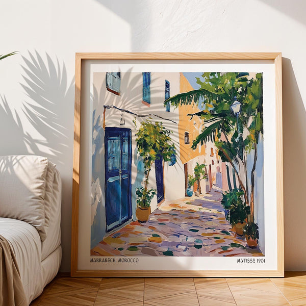 Painterly street scene in Marrakech with potted plants in Morocco Wall Art.