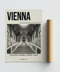 Full poster layout combining black and white staircase photograph with Vienna title text