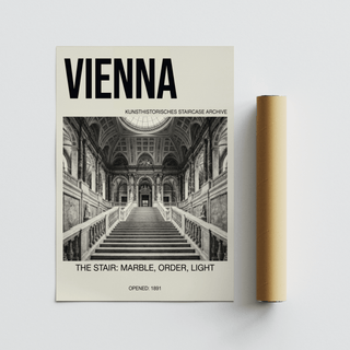 Full poster layout combining black and white staircase photograph with Vienna title text
