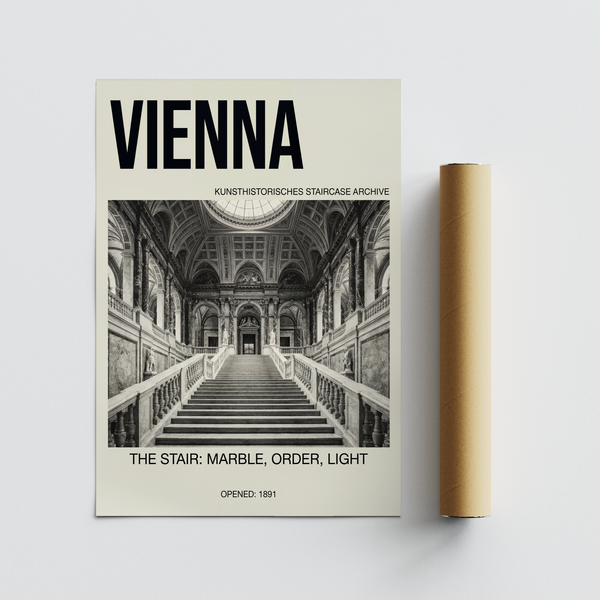 Full poster layout combining black and white staircase photograph with Vienna title text