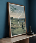 Typographic golf poster reading "The Perfect Arc" above a wide course scene and long shot trail