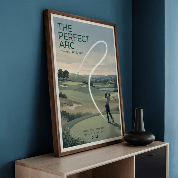 Typographic golf poster reading "The Perfect Arc" above a wide course scene and long shot trail