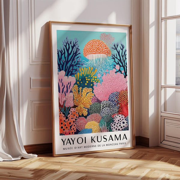 Abstract colorful jellyfish wall art featuring aqua background and coral reef forms