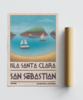 Island Vacation Poster poster with calm sea, sailboats, island silhouette, and vintage textured background