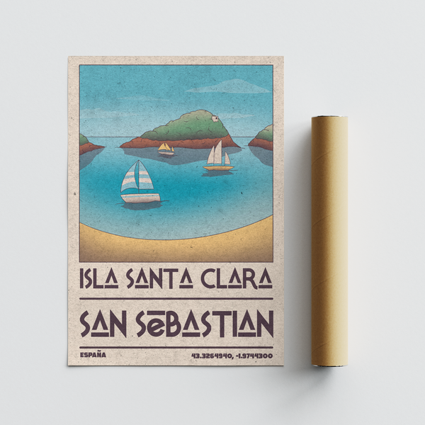 Island Vacation Poster poster with calm sea, sailboats, island silhouette, and vintage textured background