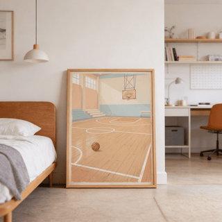 Hardwood court artwork with soft textures and sunlit windows on left side