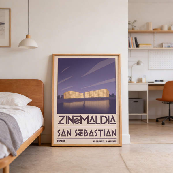 Typographic travel wall art poster reading San Sebastian with Spain text and coordinate numbers