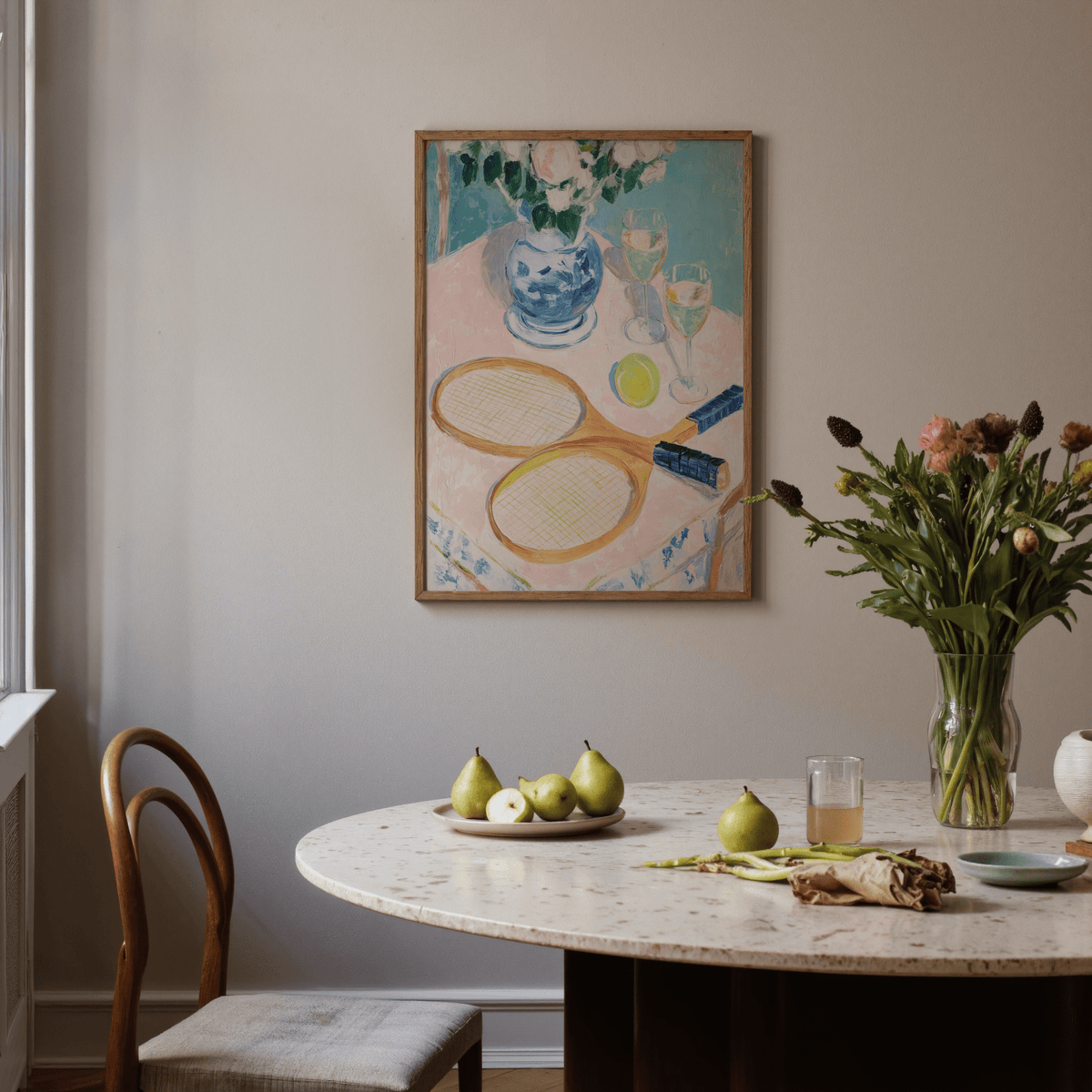 Top-table still life wall art with tennis rackets and glassware, painterly brush texture