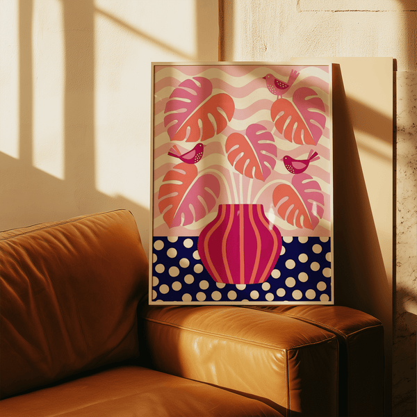 Tropical Plant Wall Art print with Beige and Pink colors for office decor