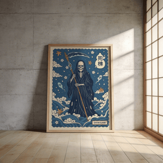 Decorative reaper illustration print with drifting spirits and night sky