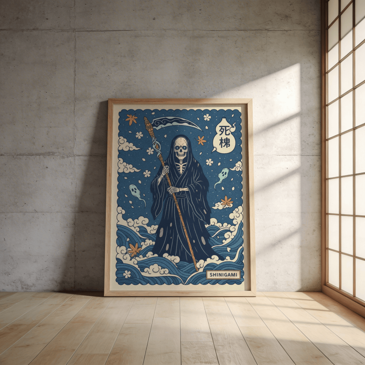 Decorative reaper illustration print with drifting spirits and night sky
