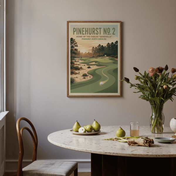 Illustrating retro travel-style golf wall art print with large Pinehurst No. 2 title and open sky
