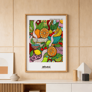 Graphic fruit still life poster with sliced citrus, cherries, and mosaic fills