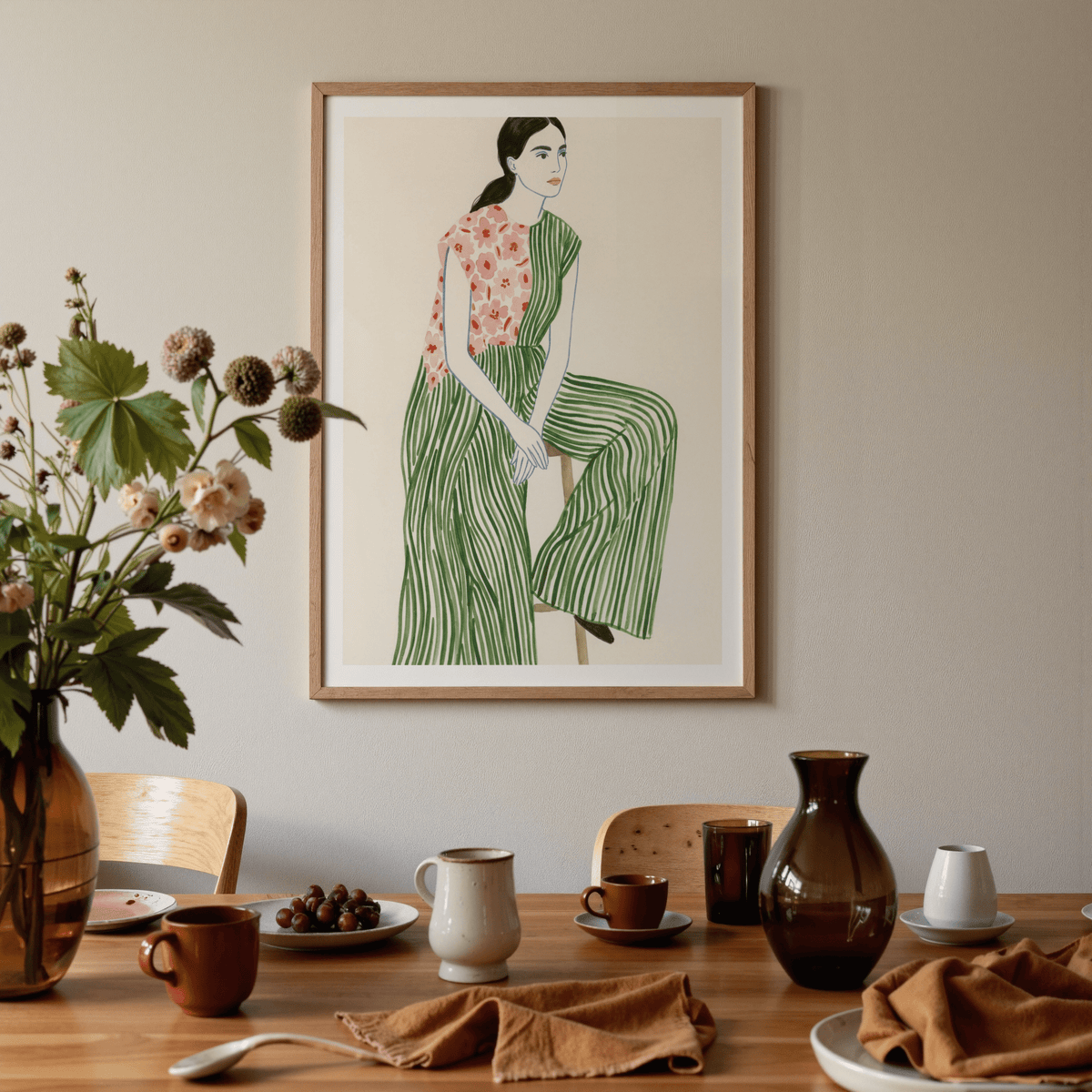 Hand-drawn female figure wall art emphasizing silhouette and clean outlines
