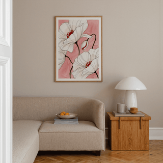 Ink poppy illustration poster with oversized petals and curved stem
