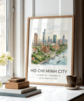 Travel-style Ho Chi Minh City Wall Art poster with skyline illustration and coordinate text