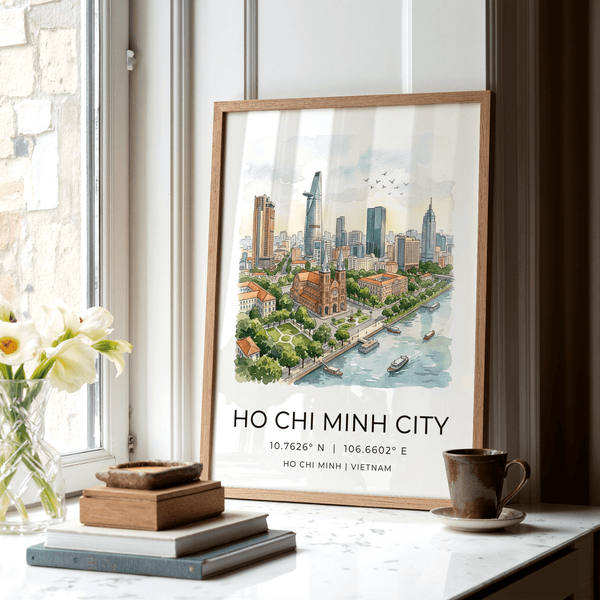 Travel-style Ho Chi Minh City Wall Art poster with skyline illustration and coordinate text