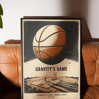 Graphic Surreal Basketball Art Print featuring 'Gravity’s Game' title and starry sky