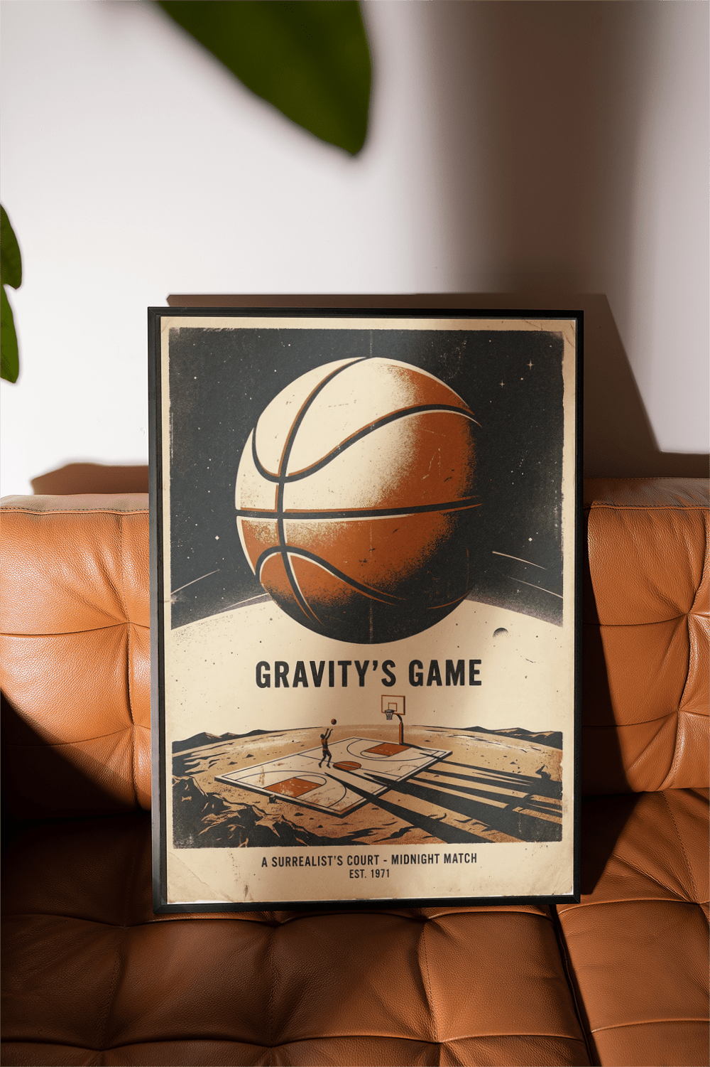 Graphic Surreal Basketball Art Print featuring 'Gravity’s Game' title and starry sky