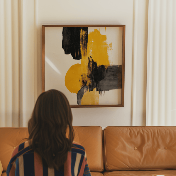 Bold Abstract Square Art Print in black and yellow for office accent